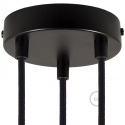 Kit rosone 3 fori nero 120 mm con serracavi cilindrici in plastica nera.