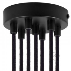 Kit rosone 7 fori nero 120 mm con serracavi cilindrici in plastica nera.